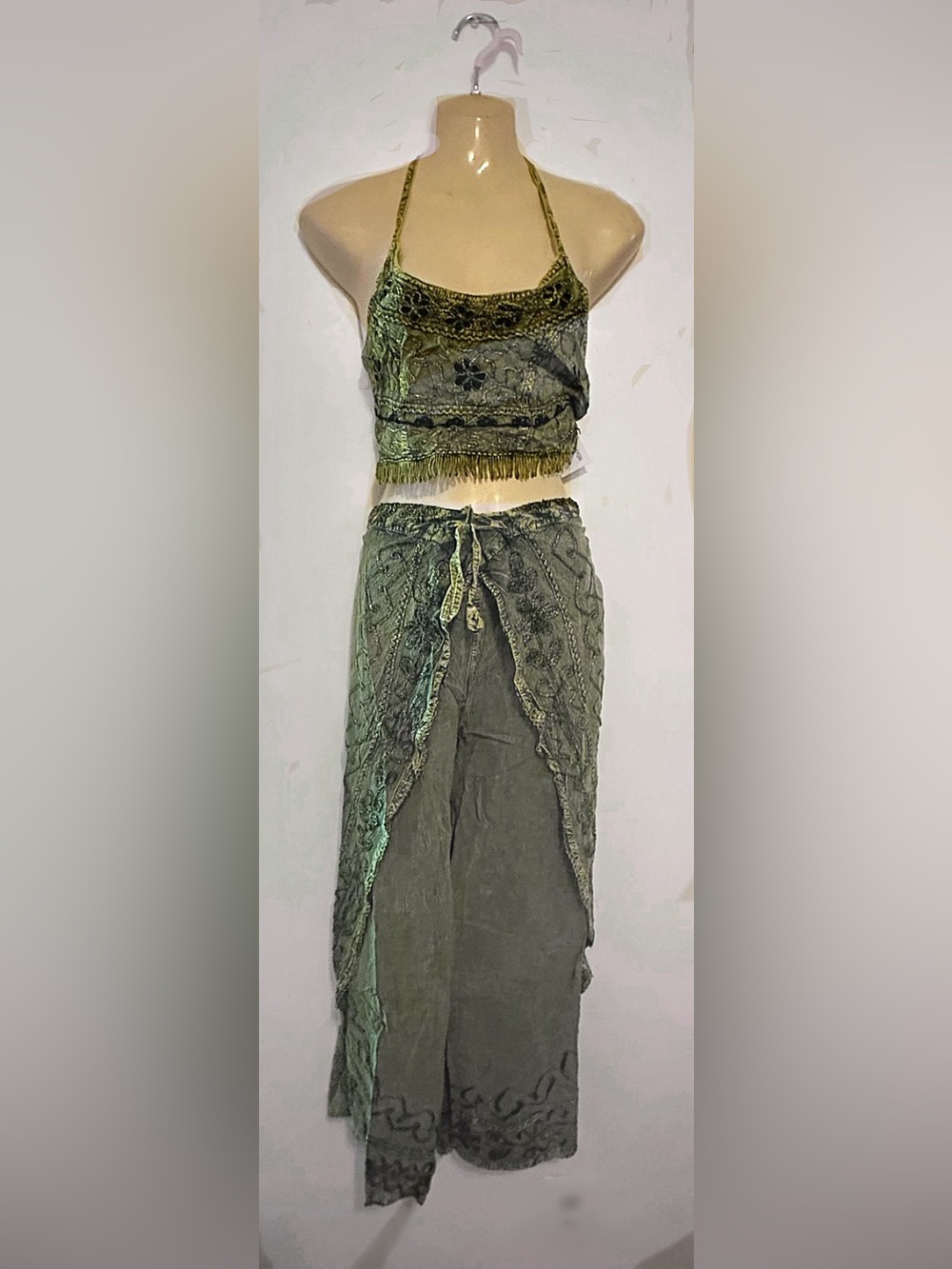 Bohemian Olive Green Embroidered Two Piece